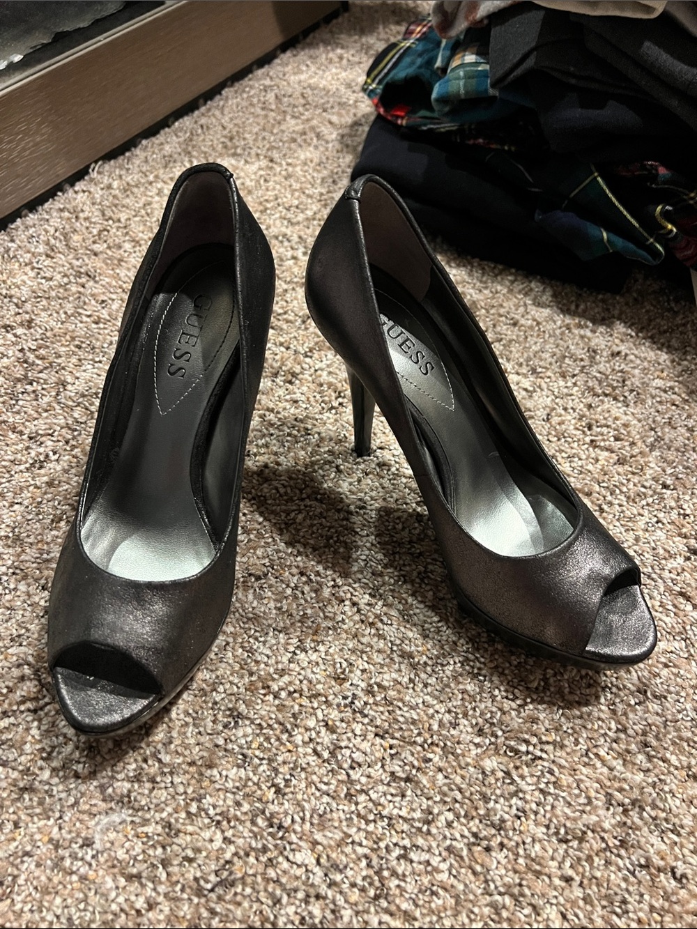 GUESS Metallic Gunmetal Peep-Toe High Heels